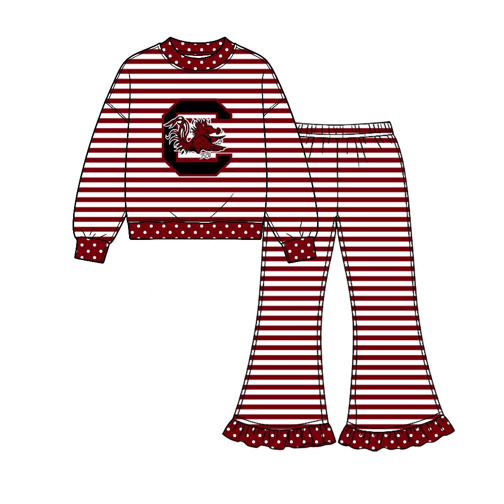 Preorder( 5  MOQ) BabyBoys Sport Team  Gamecocks Striped Long Sleeve Top Bell Bottom Pants Outfit