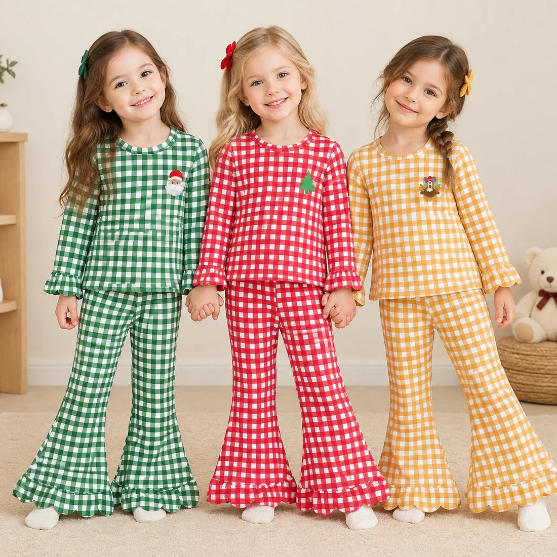 Sibling Kids Girls Red Blue Gingham Embroidery Santa Tree Turkey Scallop Christmas Outfit