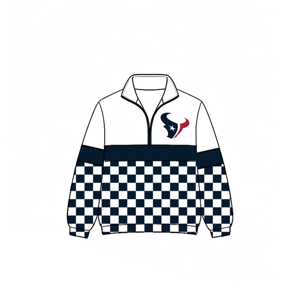 (Custom Design Preorder MOQ 5)  Teams Houston Texans Plaid Print Kids & Adult Long Sleeve Zipper Pullover Jacket