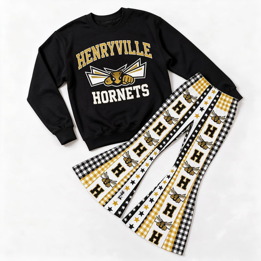 (Custom Design Preorder MOQ 5 Each) Baby Girls Sprot Team  Hornets Bell Bottom Pants Outfit