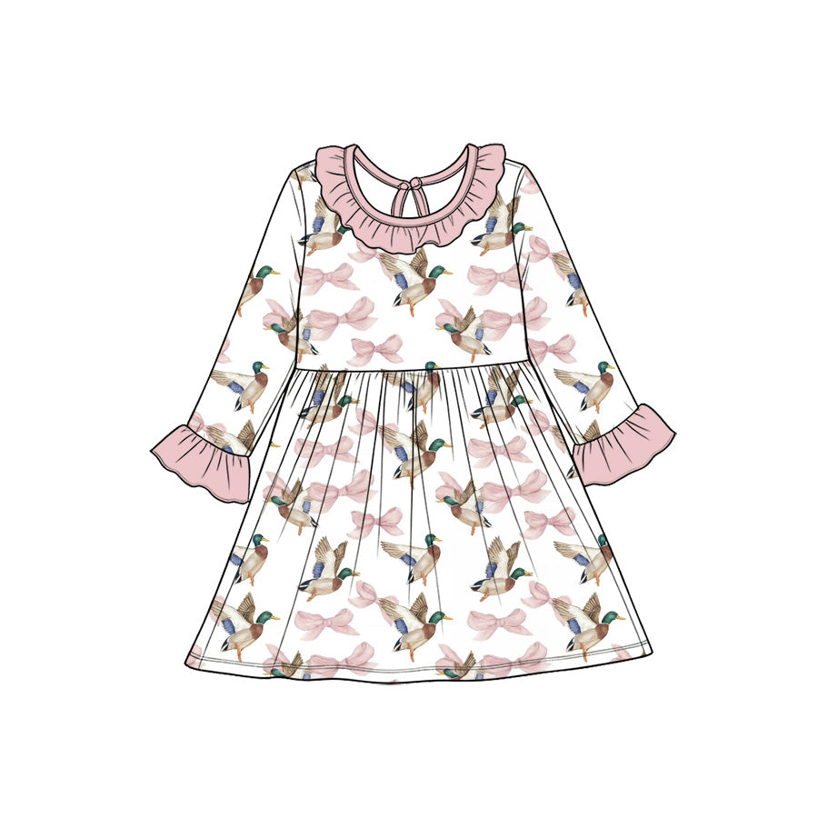 (Custom Design Preorder MOQ 5)  Mallard Duck Bows Print Girls Fall Ruffle Dress