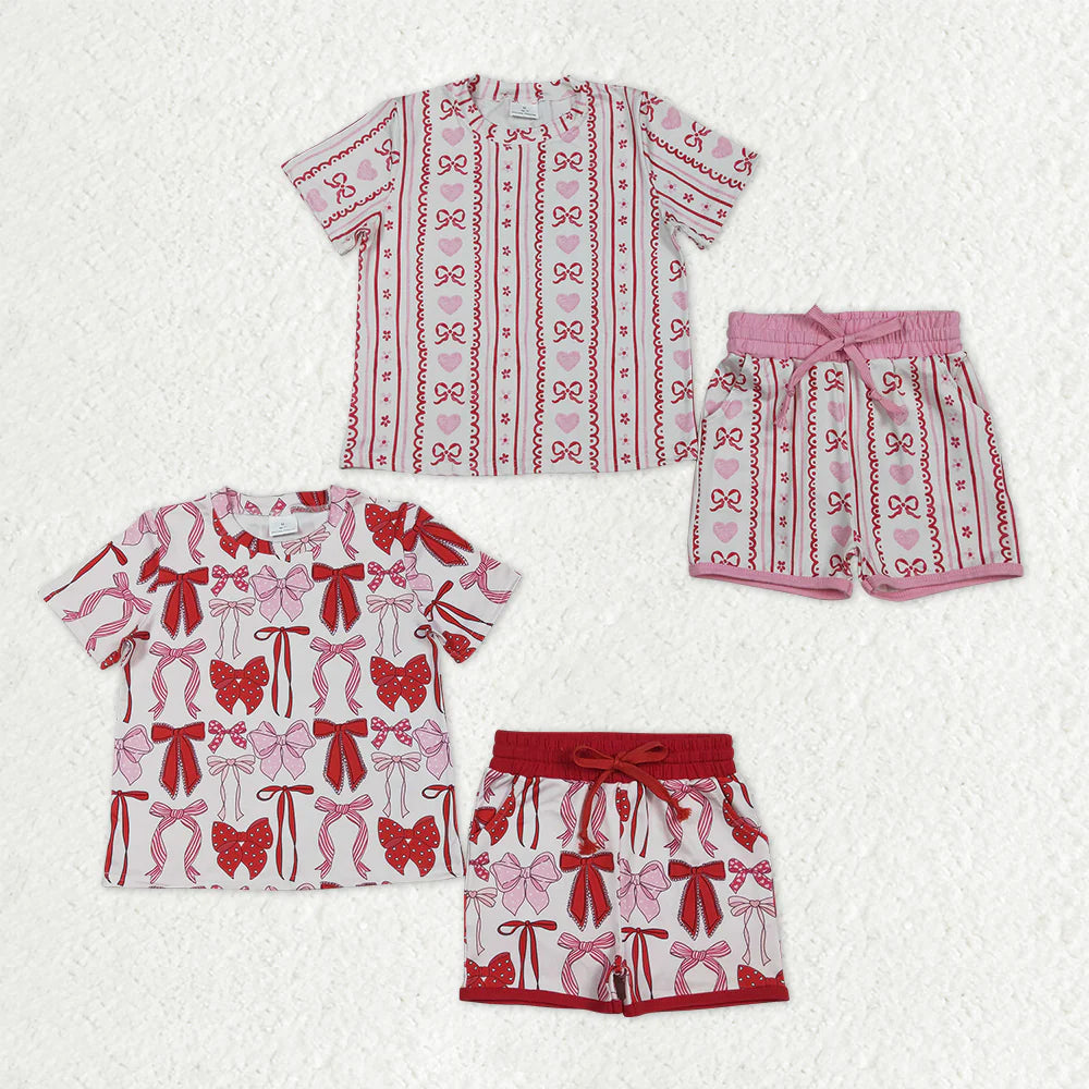 Sibling Baby Girls Hearts Bows Top Pockets Shorts  Clothes Sets