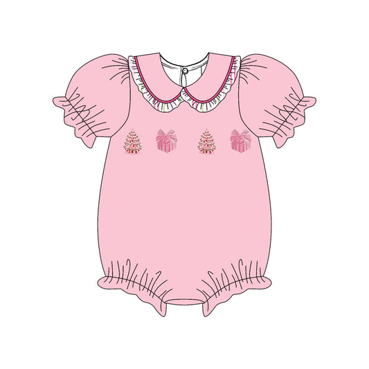 7.24 SR4289 Preorder Christmas Tree Gifts Pink Print Baby Girls Doll Collar Bubble Romper