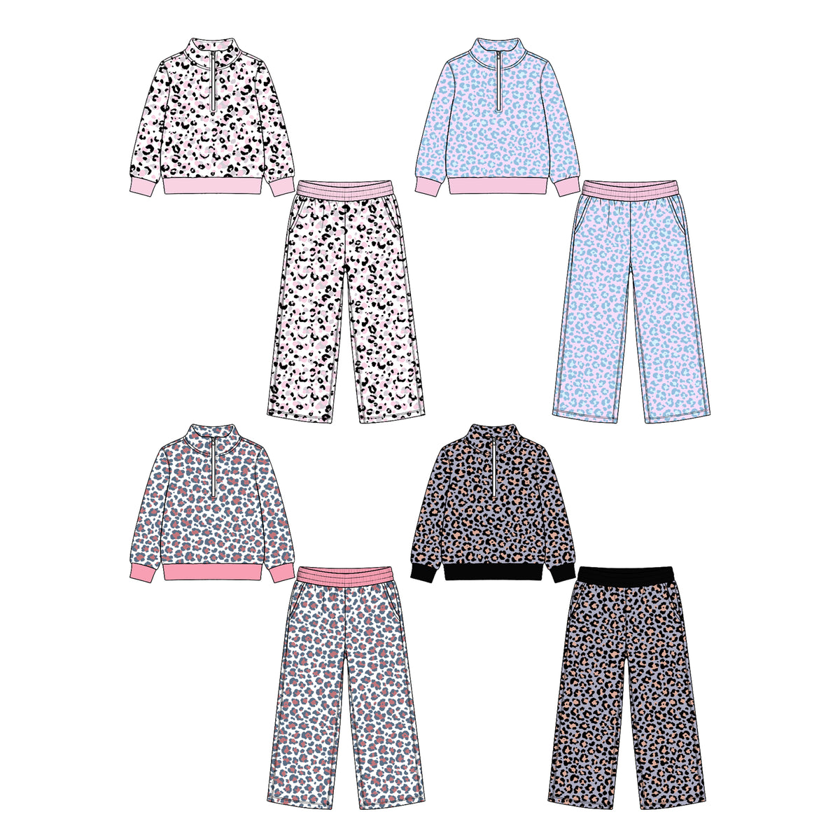 (Custom Design Preorder MOQ 5) Leoaprd Zipper Top Pockets Pants Girls Clothes Set Sisters Wear