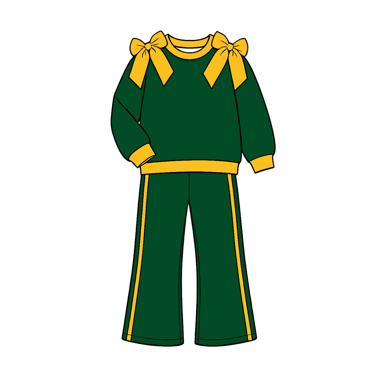 (Custom Design Preorder MOQ 5) Teams Green Cotton Blank Gold Bows Top Pockets Pants Girls Clothes Set