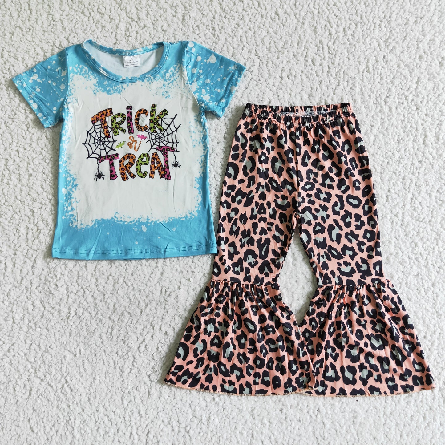 (Promotion)A0-24 Trick is Trent Blue Top Leopard Bell Pants Girls Halloween Clothes Set