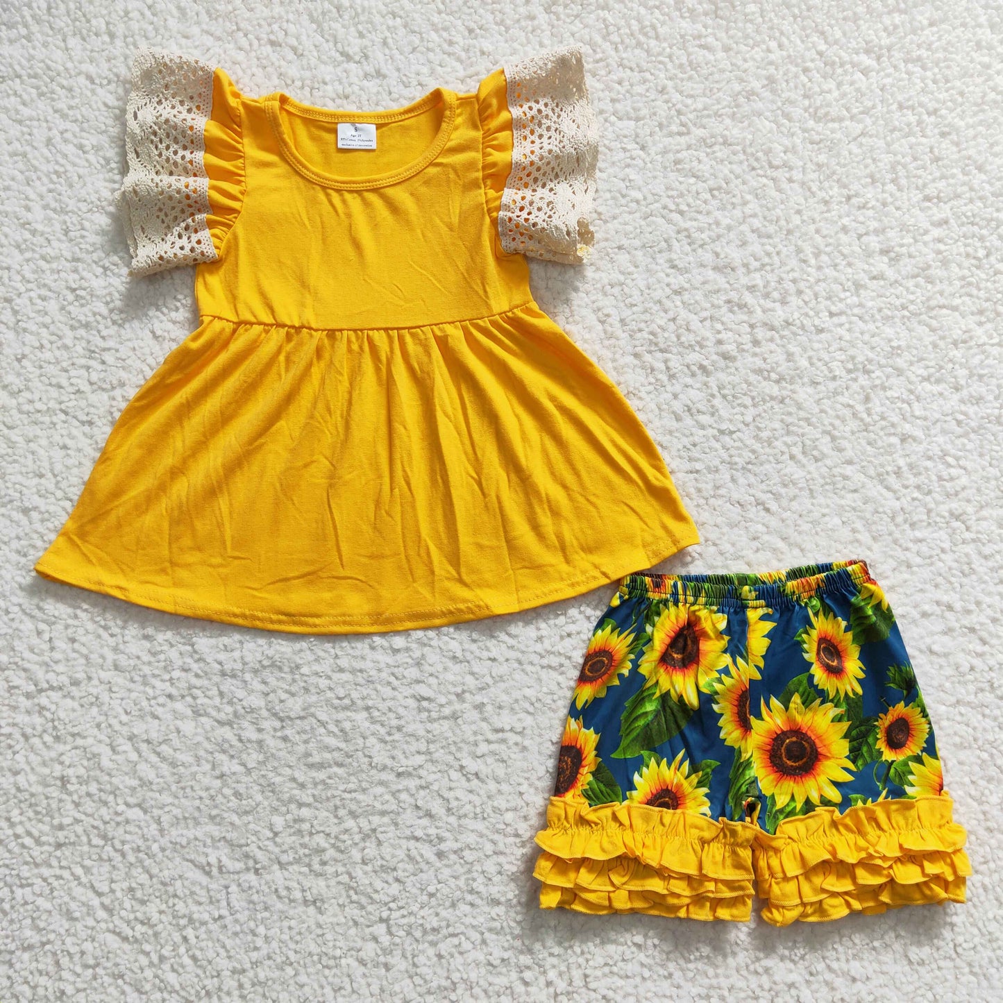 (Promotion)A10-24 Mustard Tunic Top Sunflowers Shorts Girls Summer Clothes Set