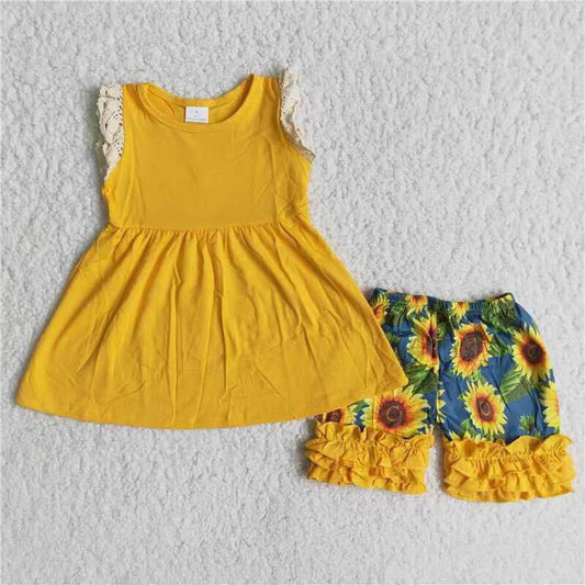 (Promotion)A10-24 Mustard Tunic Top Sunflowers Shorts Girls Summer Clothes Set