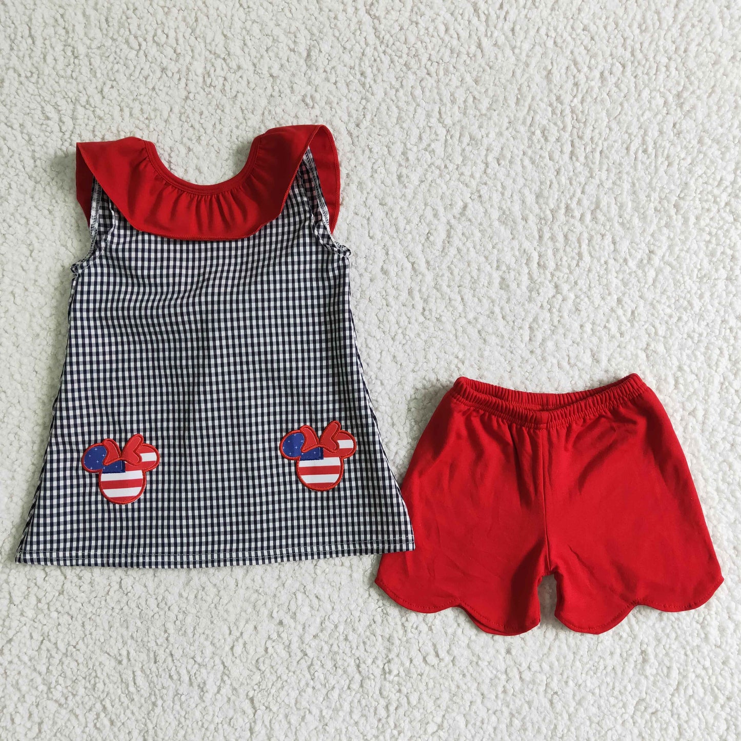 (Promotion)A15-5 Cartoon Mouse Embroidery Plaid Backless Top Red Scallop Shorts Girls 4th of July Clothes Set