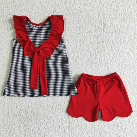 (Promotion)A15-5 Cartoon Mouse Embroidery Plaid Backless Top Red Scallop Shorts Girls 4th of July Clothes Set