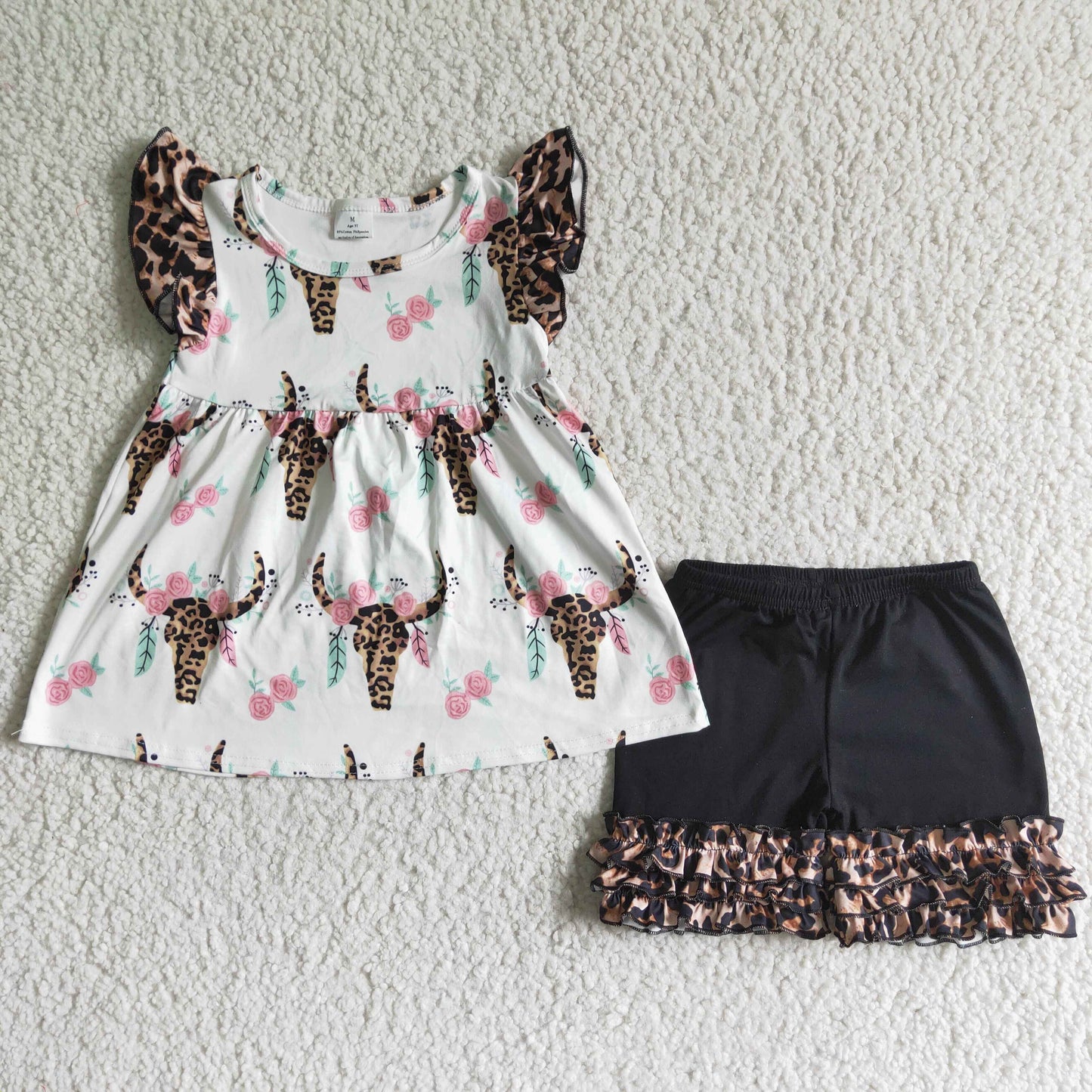 (Promotion)A18-1 Cow Skull Leopard Flowers Tunic Top Black Shorts Girls Summer Clothes Set