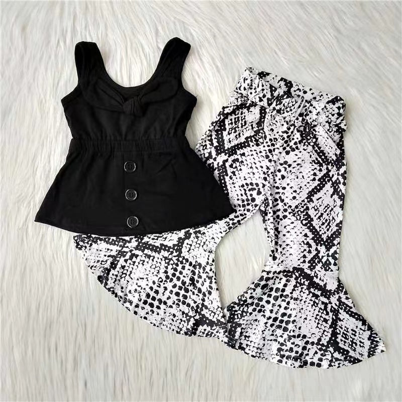(Promotion)A18-2 Sleeveless Black Tunic Top Snakeskin Bell Pants Girls Outfits