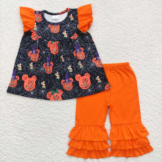 A4-13 Cartoon Mouse Candy Web Tunic Top Orange Capris Girls Halloween Clothes Set