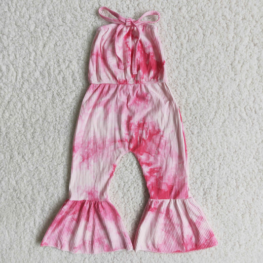 A5-16 Pink Tie-dye Print Girls Summer Ribbed Jumpsuits
