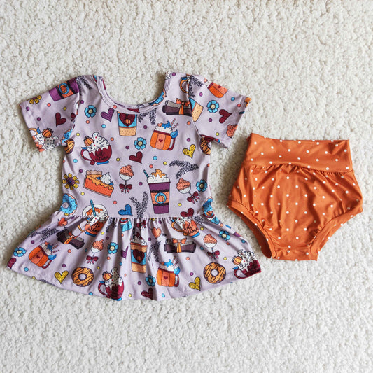 A5-4 Fall Pumpkin Pie Flowers Dots Baby Girls Bummie Set