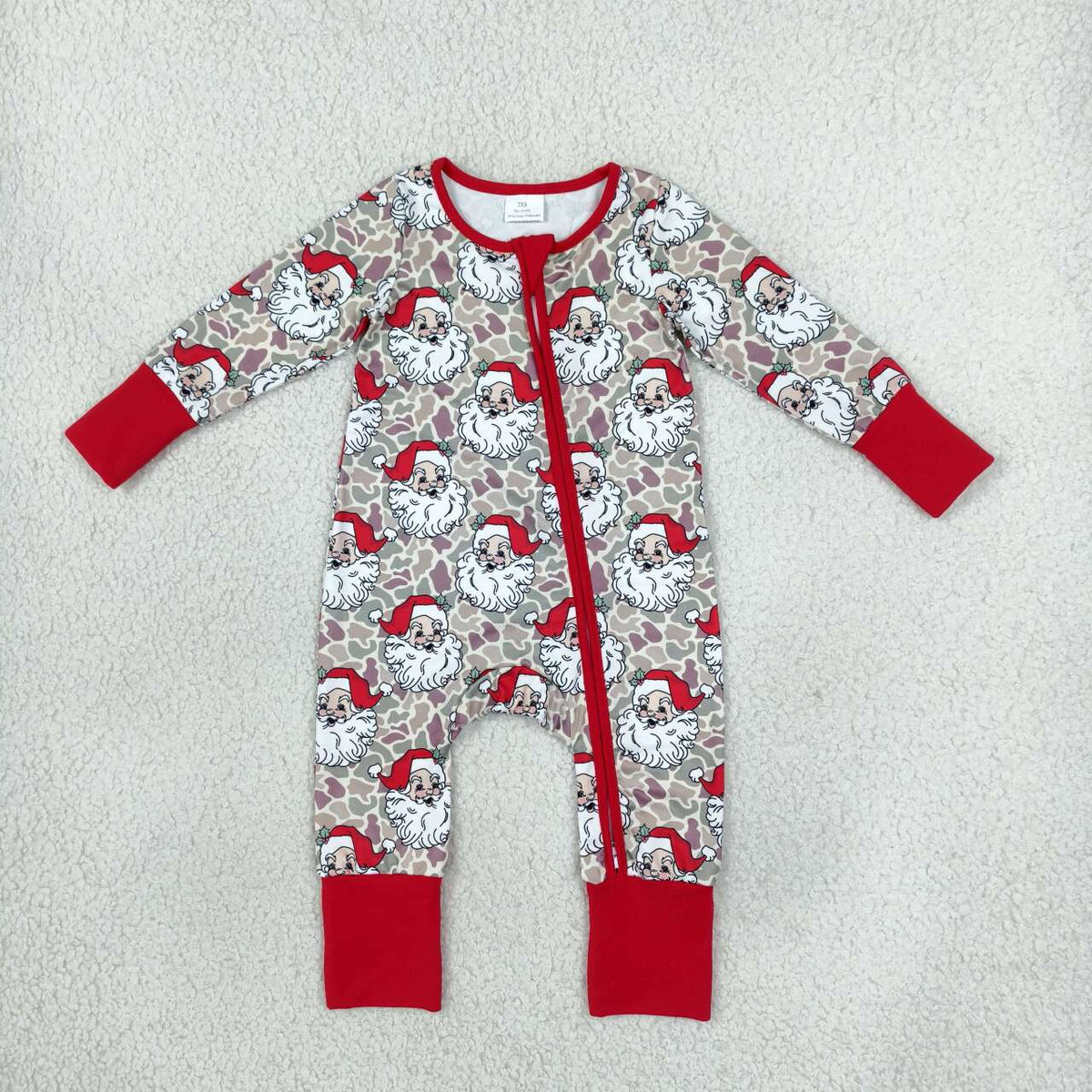 LR3345 Santa Camo Print Baby Boys Christmas Zipper Sleeper Romper