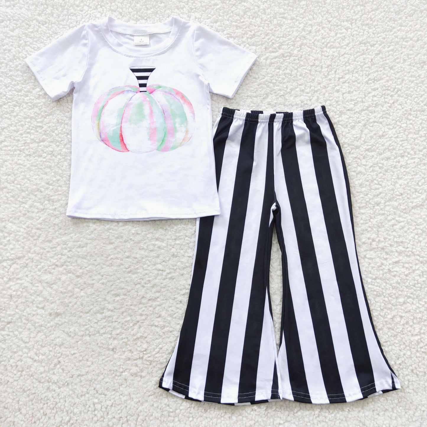 (Promotion) A7-5 Colorful Pumpkin White Top Stripes Bell Pants Girls Fall Outfits
