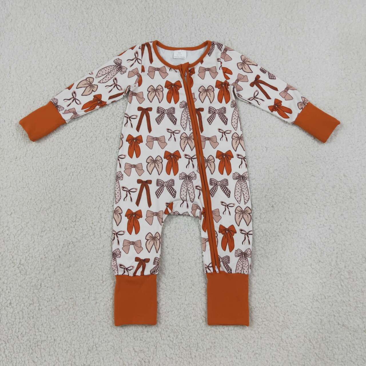 LR3158 Brown Bows Print Baby Girls Long Sleeve Zipper Sleeper Romper