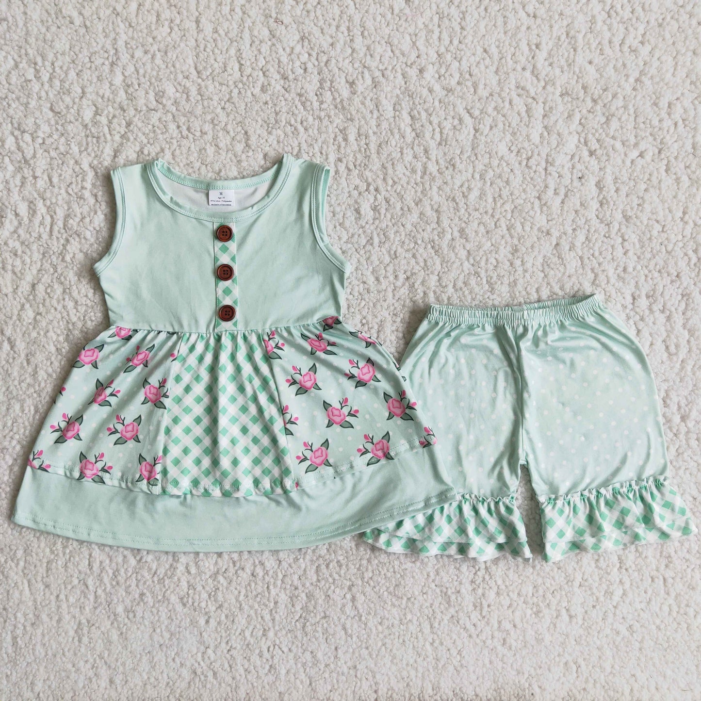 (Promotion)Flowers Green Patchwork Tunic Top Dots Shorts Girls Summer Outfits  A8-16