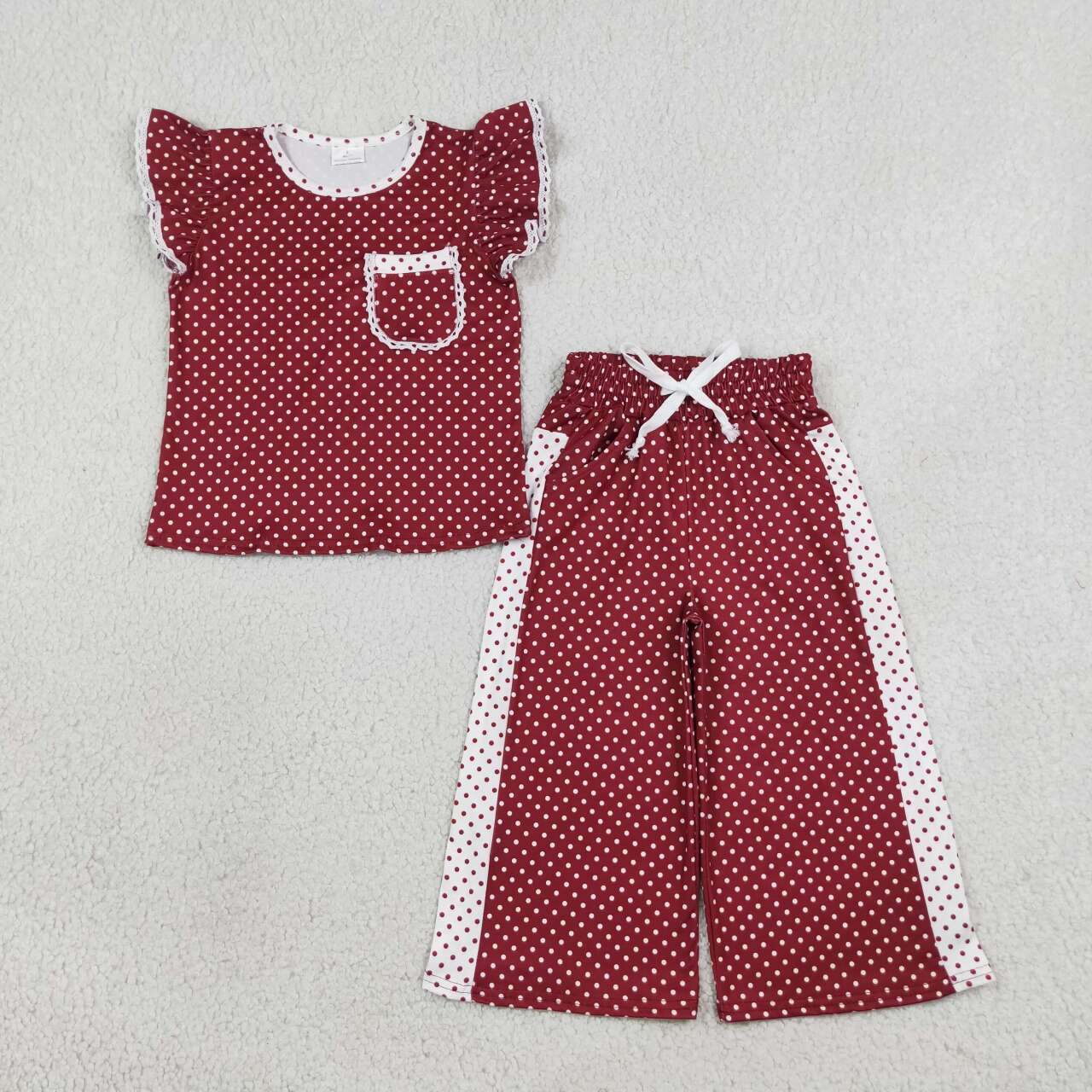 GSPO2329 Wine Flutter Sleeve Top Straight Pockets Pants Girls Clothes Set