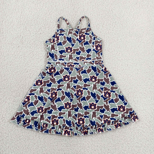 GSD3588 Teams Auburn Camo Print Girls Summer Strap Shorts Ruffle Knee Length Yoga Dress