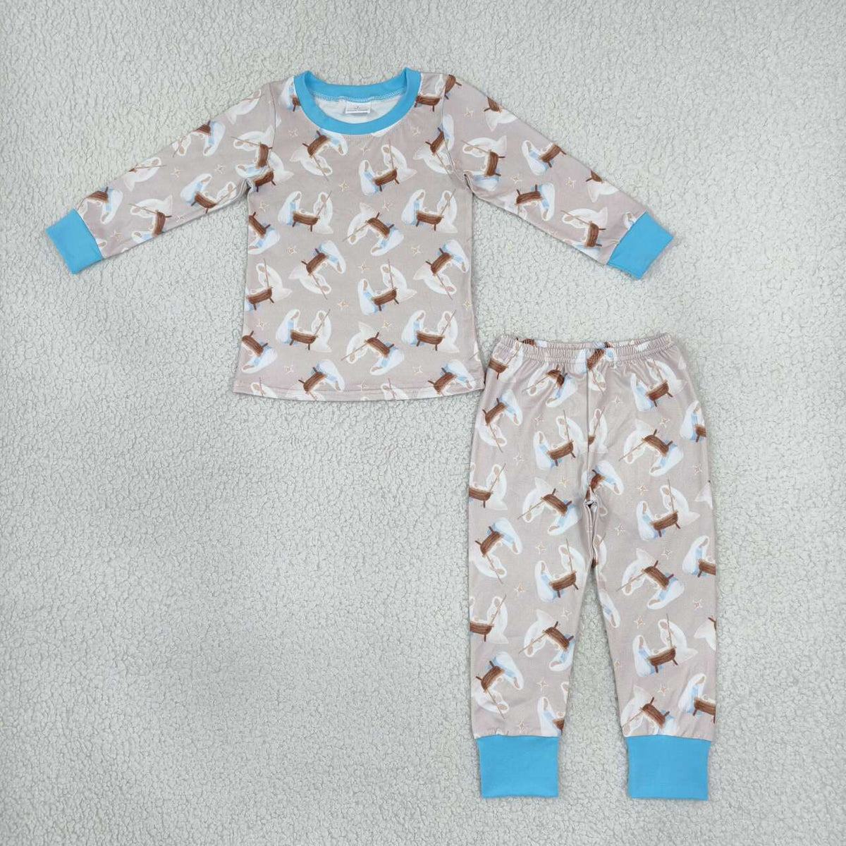 BLP1535 Nativity Stars Print Kids Christmas Pajamas Clothes Set