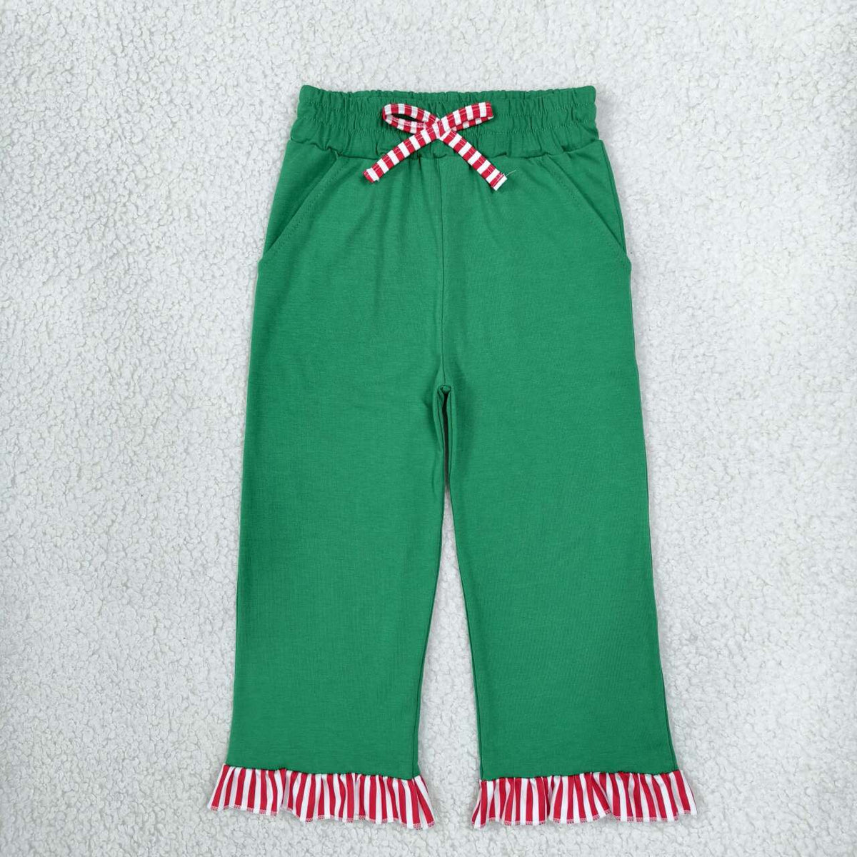 P1254 Girls Green Bottom Pants with Red Striped Ruffle