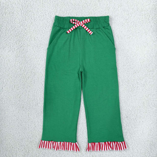 P1254 Girls Green Bottom Pants with Red Striped Ruffle