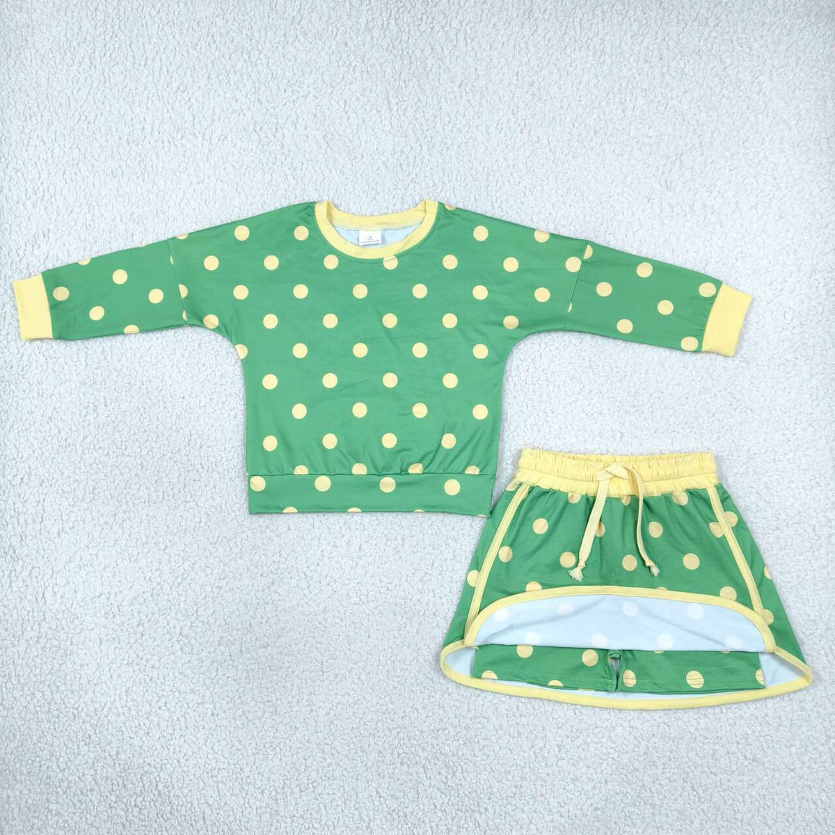 GLD1764  Green Polka Dot Girls Long Sleeve Top Skort Outfits
