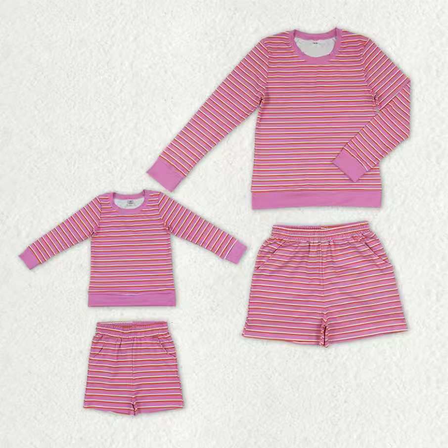 Mommy and Me Pink Striped Long Sleeve Top Shorts Active Outfit
