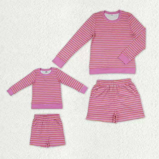 Mommy and Me Pink Striped Long Sleeve Top Shorts Active Outfit