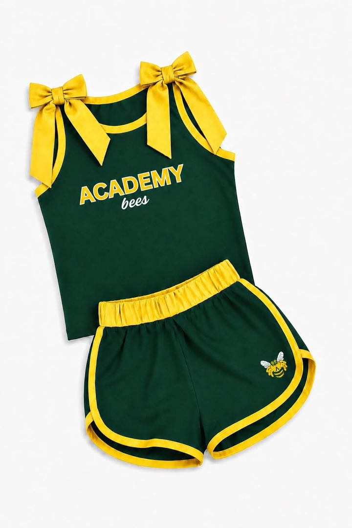(Custom Design Preorder MOQ 5) Teams Academy Bees Yellow Bows Vest Top Shorts Girls Summer Yoga Clothes Set
