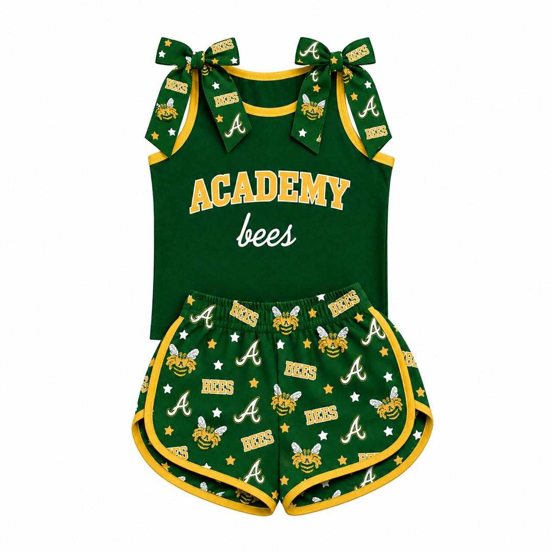 (Custom Design Preorder MOQ 5) Teams Academy Bees Bows Top Stars Shorts Mommy and Me Summer Clothes Set