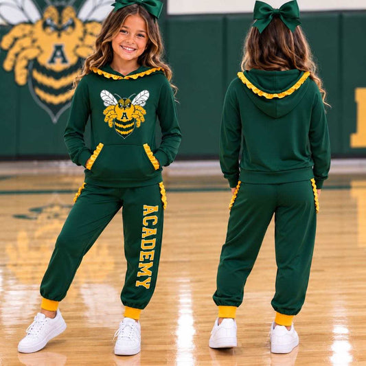 (Custom Design Preorder MOQ 5) Teams Academy Bees Green Yellow Ruffles Hoodie Top Pockets Joggers Pants Girls Yoga Clothes Set