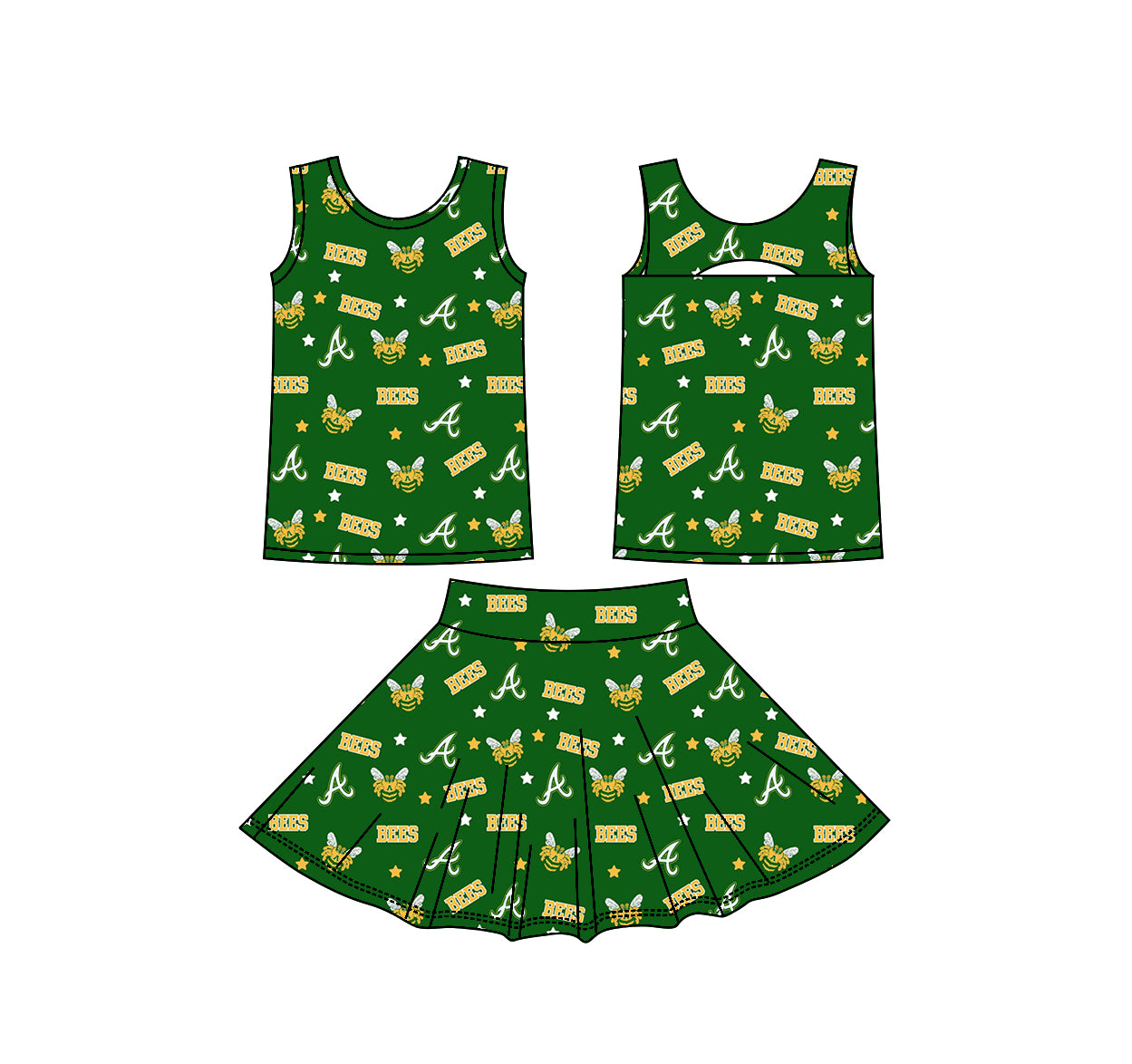 (Custom Design Preorder MOQ 5) Teams Academy Bees Stars Green Tank Top Skort Girls Summer Yoga Clothes Set