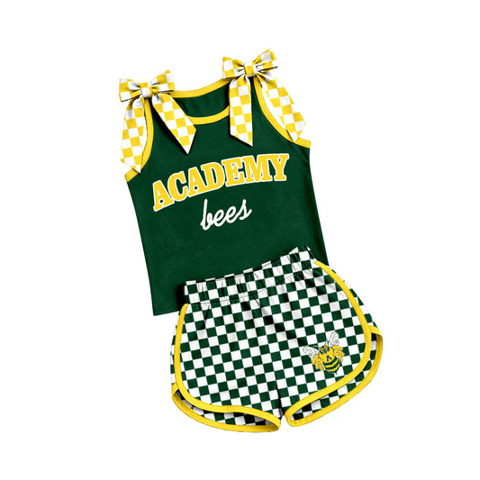 (Custom Design Preorder MOQ 5) Teams Academy Bees Bows Vest Top Checkerd Shorts Mommy and Me Summer Yoga Clothes Set