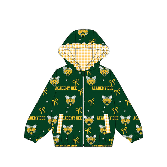 (Custom Design Preorder MOQ 5) Teams Academy Bees Bows Stars Print Girls Pockets Zipper Ruffle Hoodie Yoga Jacket Top