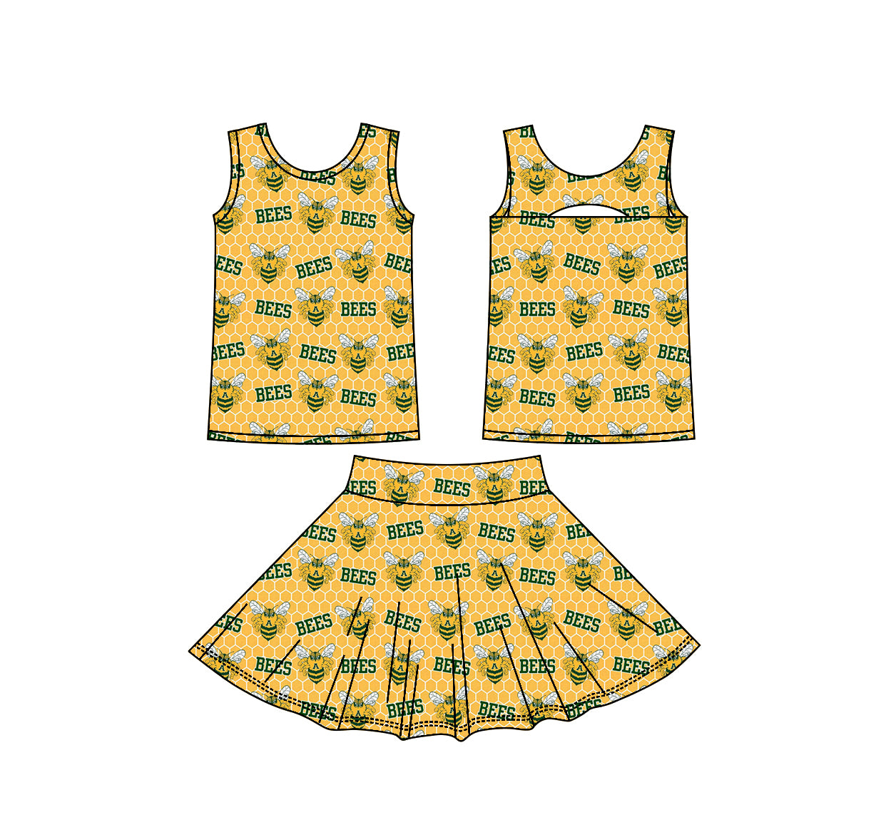 (Custom Design Preorder MOQ 5) Teams Academy Bees Yellow Tank Top Skort Girls Summer Yoga Clothes Set