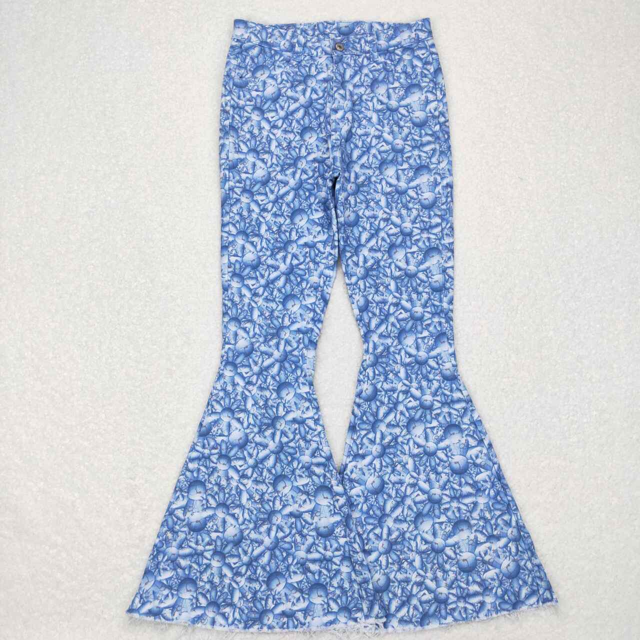 Adult blue flowers denim bell bottom jeans    P0297