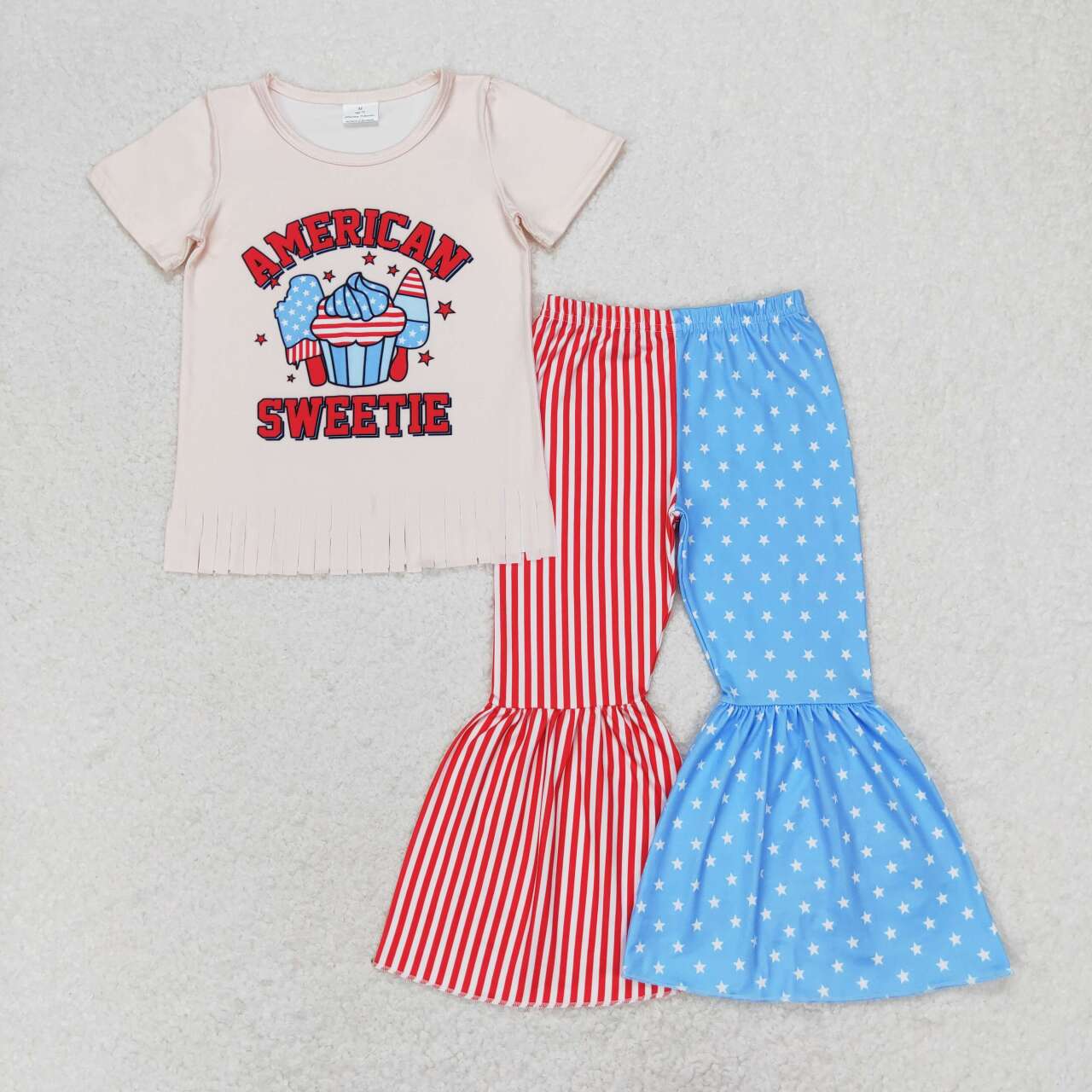 GSPO1485 American Sweetie Tassel Top Stripes Stars Bell Pants Baby Girls 4th of July Clothes Sets