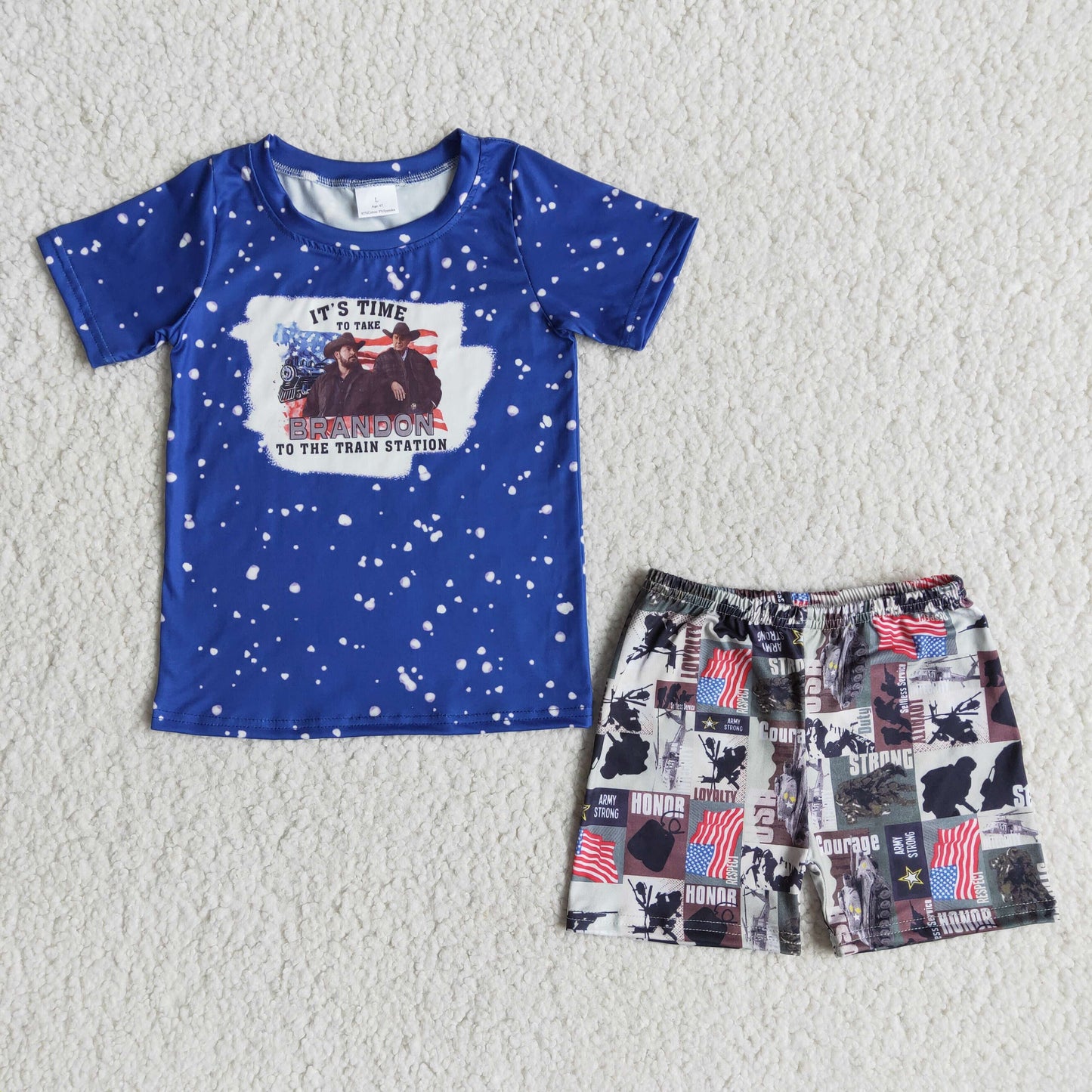 (Promotion)B1-2 Singer Blue Top Flag Shorts Boys 4th of July Clothes Set