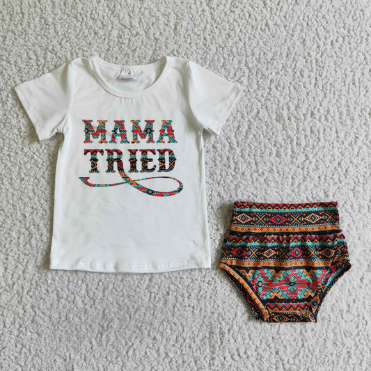MAMA TRIED White Top Aztec Shorts Baby Girls Bummie Outfits       B10-22