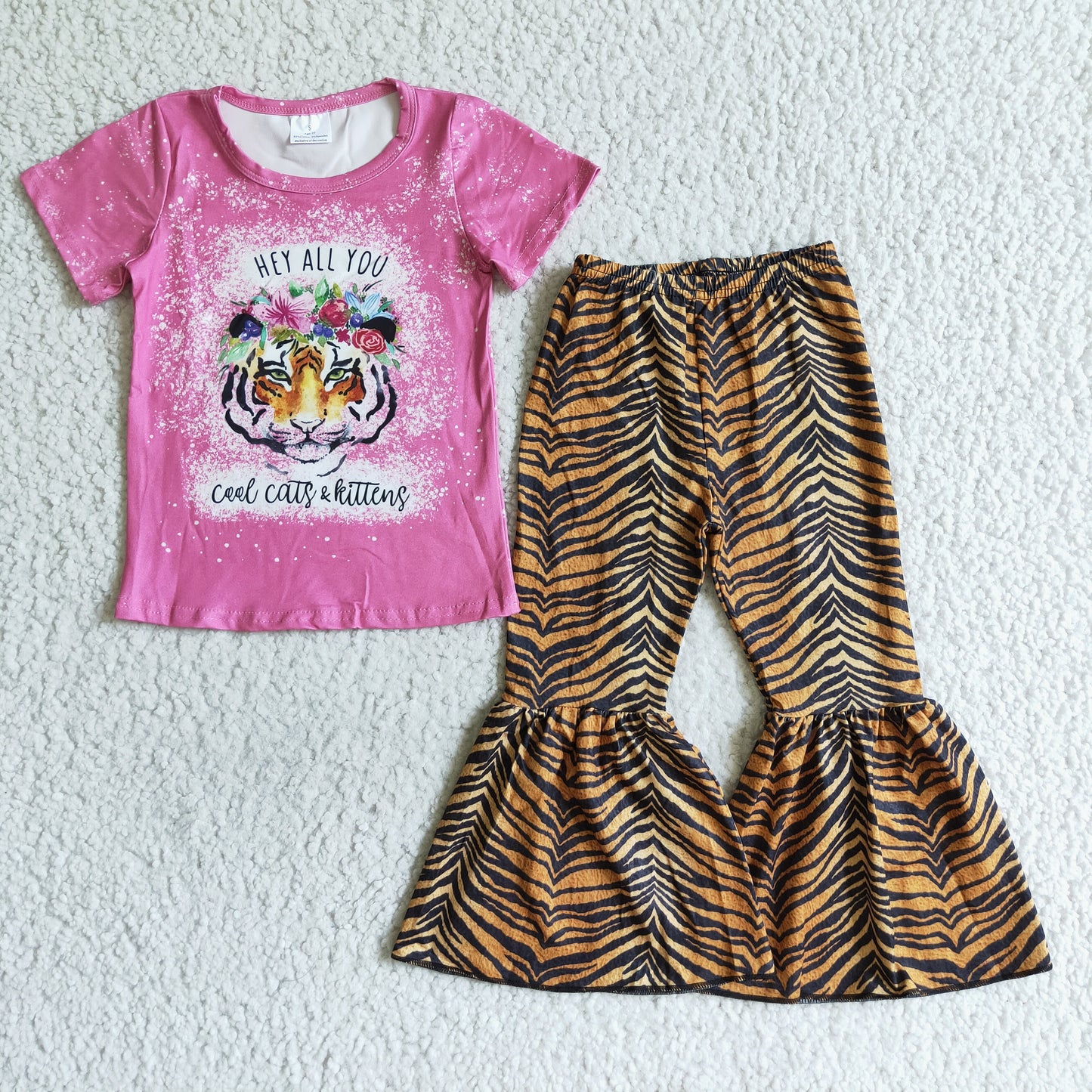 B11-14 Tiger Flowers Pink Top Bell Pants Girls Clothes Set