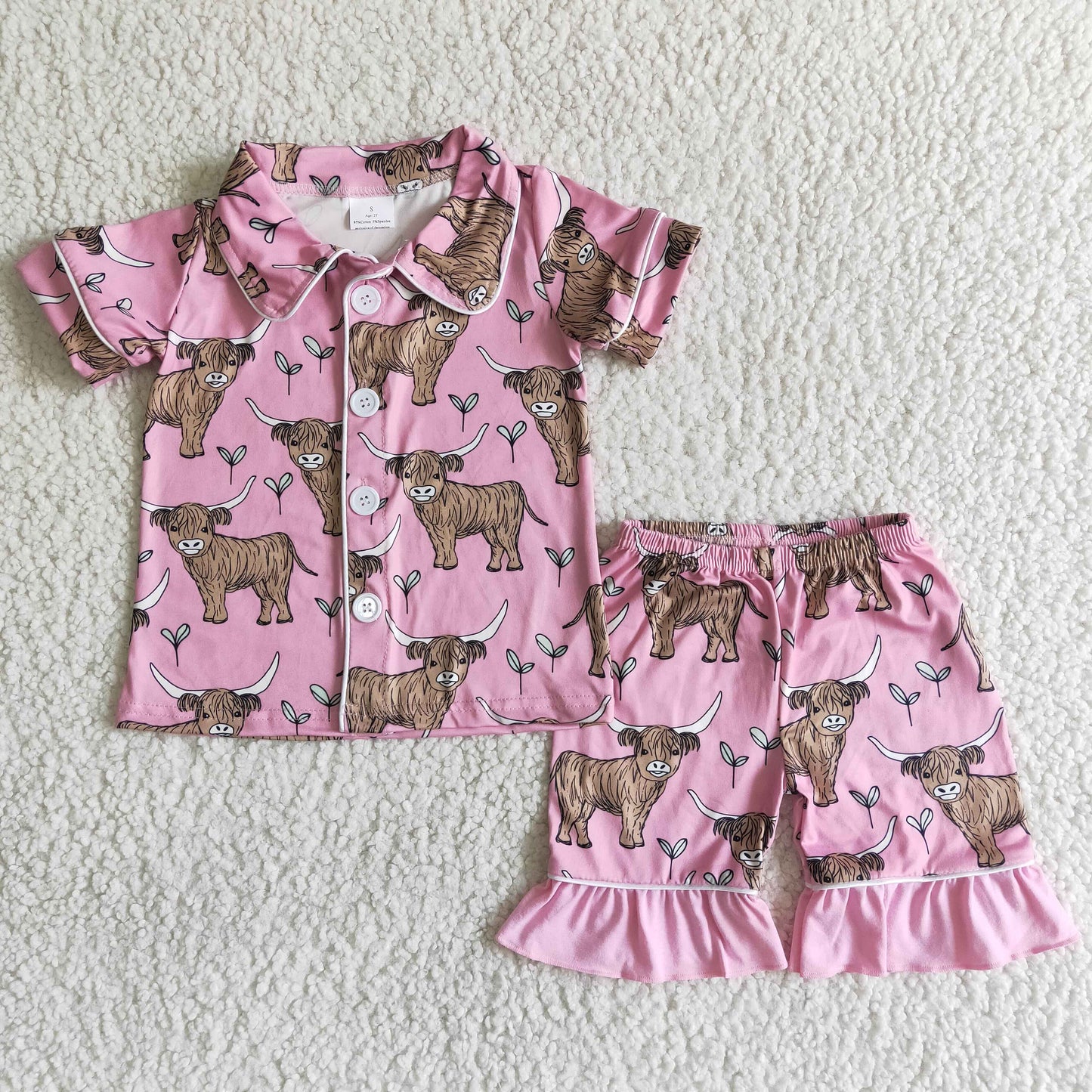 Highland Cow Pink Girls Summer Button Pajamas   B11-28