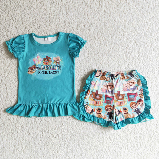 (Promotion) B12-25 Cartoon Up Blue Top Ruffle Shorts Girls Summer Outfits