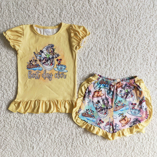 (Promotion) B13-25 Cartoon Mouse Yellow Top Ruffle Shorts Girls Summer Outfits