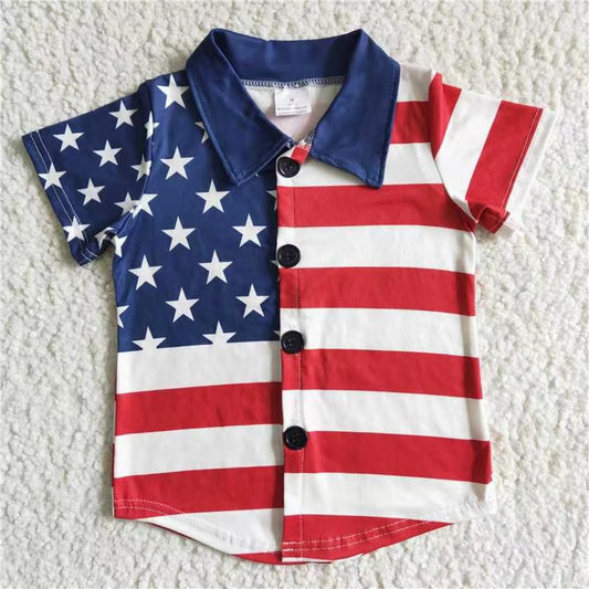 B17-19 Stars Stripes Boys 4th of July Button Short Sleeve T-shirt Top