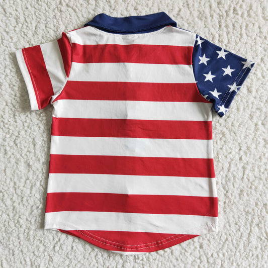 B17-19 Stars Stripes Boys 4th of July Button Short Sleeve T-shirt Top