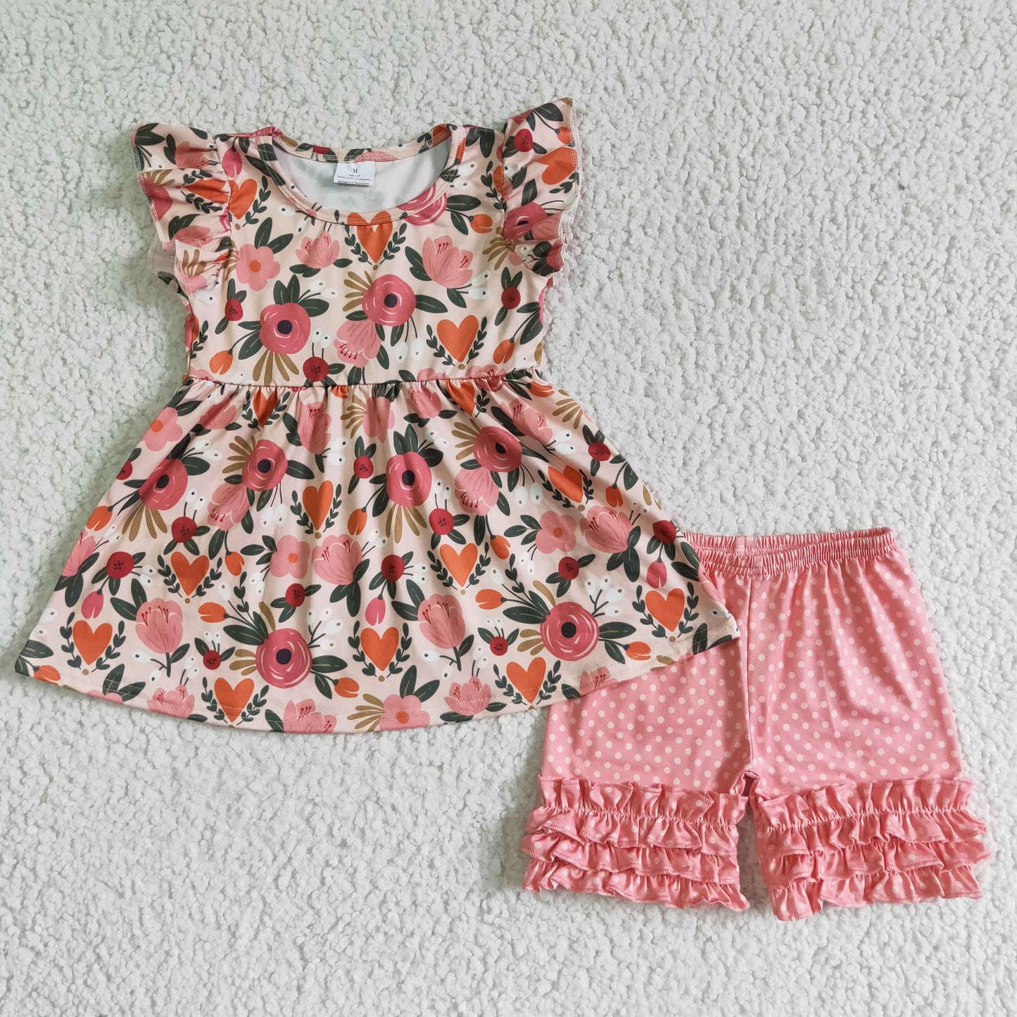 (Promotion) B6-13 Flowers Tunic Top Pink Dots Shorts Girls Summer Outfits