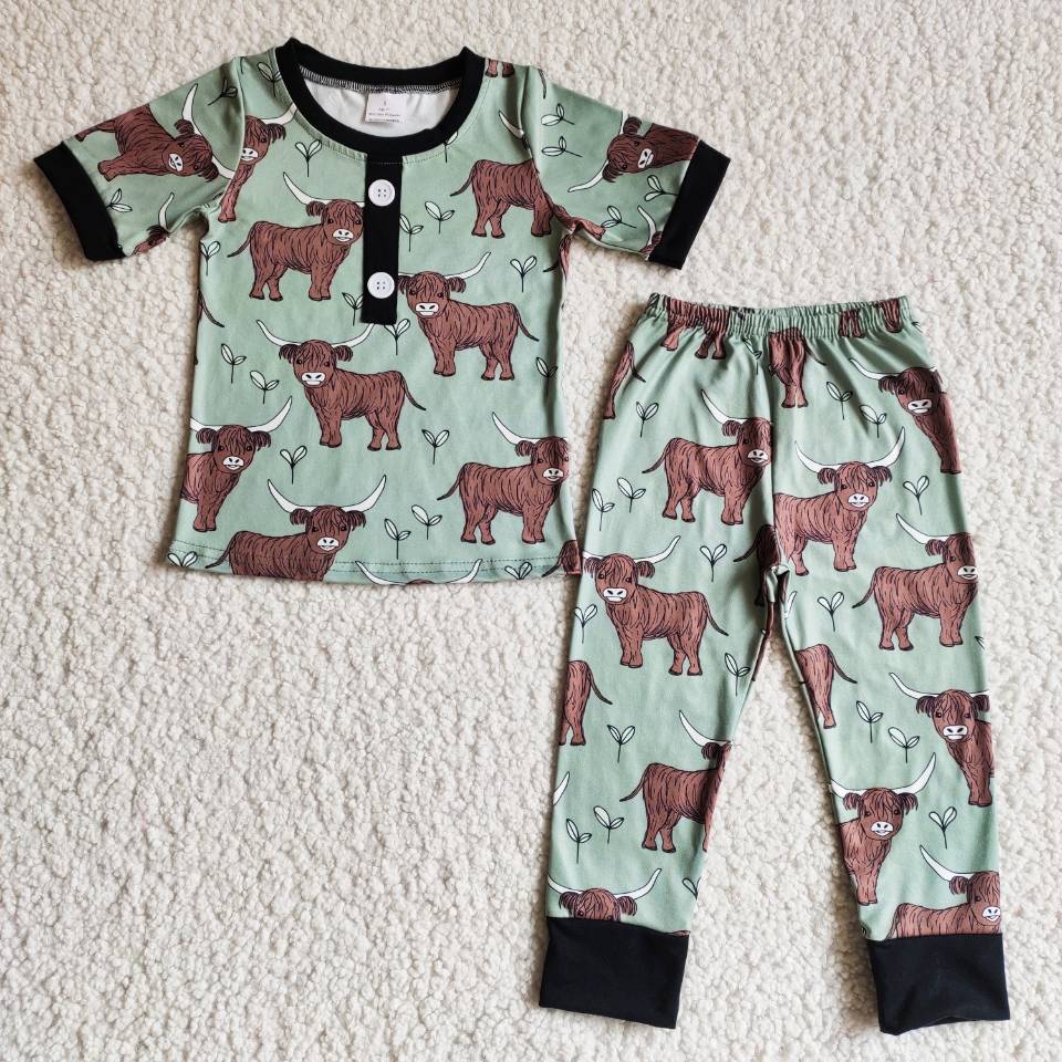 (Promotion)B9-25 Highland Cow Print Boys Short Sleeve Pants Pajamas Outfits